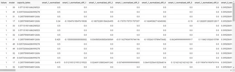 Pandas dataframe showing BackBlaze data after bagging